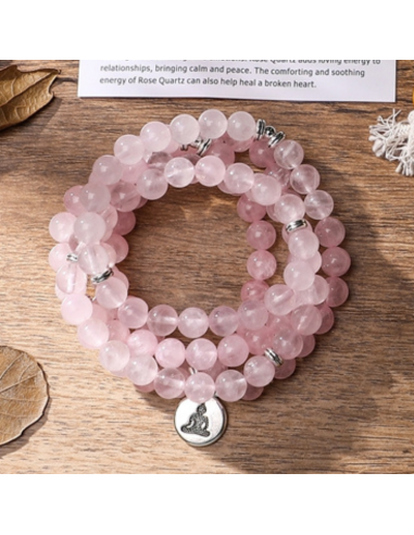 Bracelet Mala Tibétain Quartz Rose Bouddha les muscles