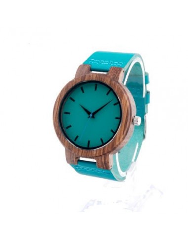 Montre à Quartz en bois de bambou & cuir bleu soldes