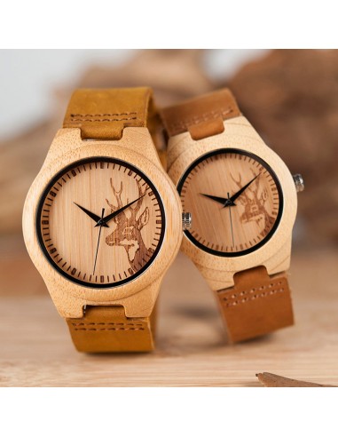 Montre à Quartz en bois de bambou "Force et majesté du cerf" - Modèle Homme & Modèle Femme Amélioration de cerveau avec